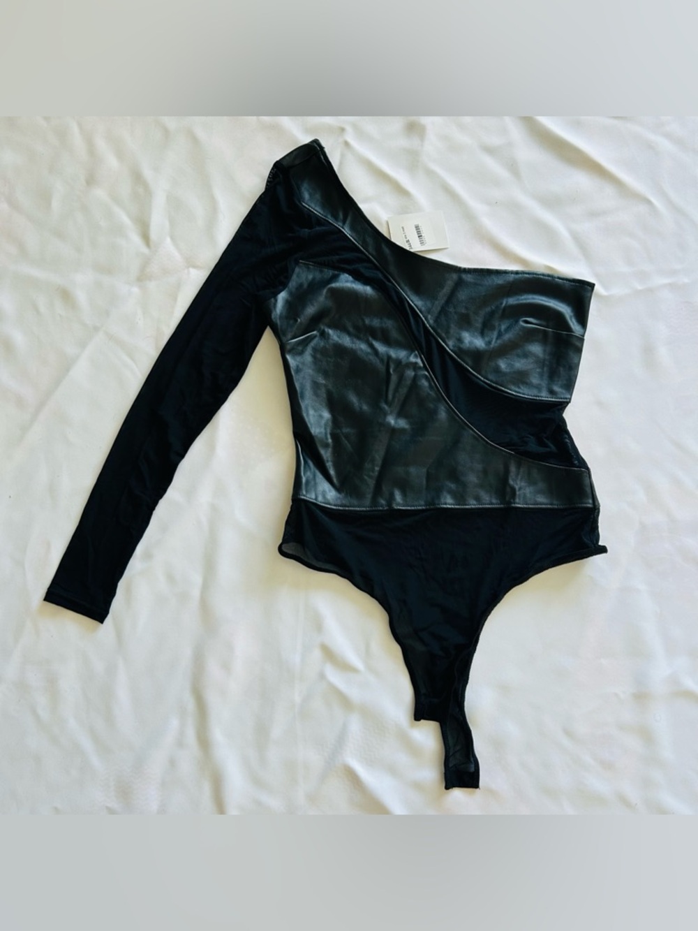 NWT Blue Blush Medium Black Mesh Faux Leather Bodysuit One Shoulder Night Out